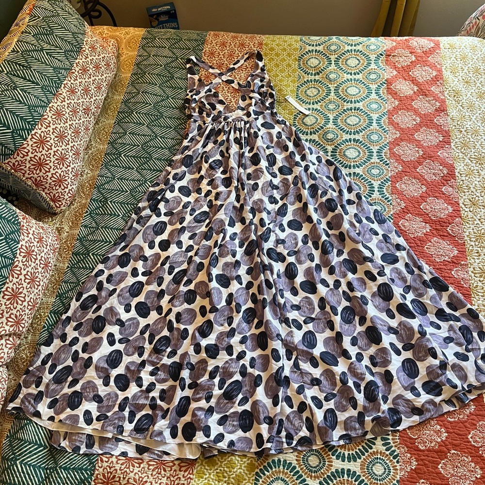 Susana Monaco Navy and Lavender Polka Dot Maxi Dress